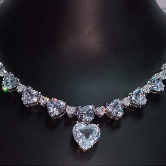 13Ct Heart Cut Diamond Loved Heart Tennis Necklace 14K White Gold Finish - Picture 2 of 2